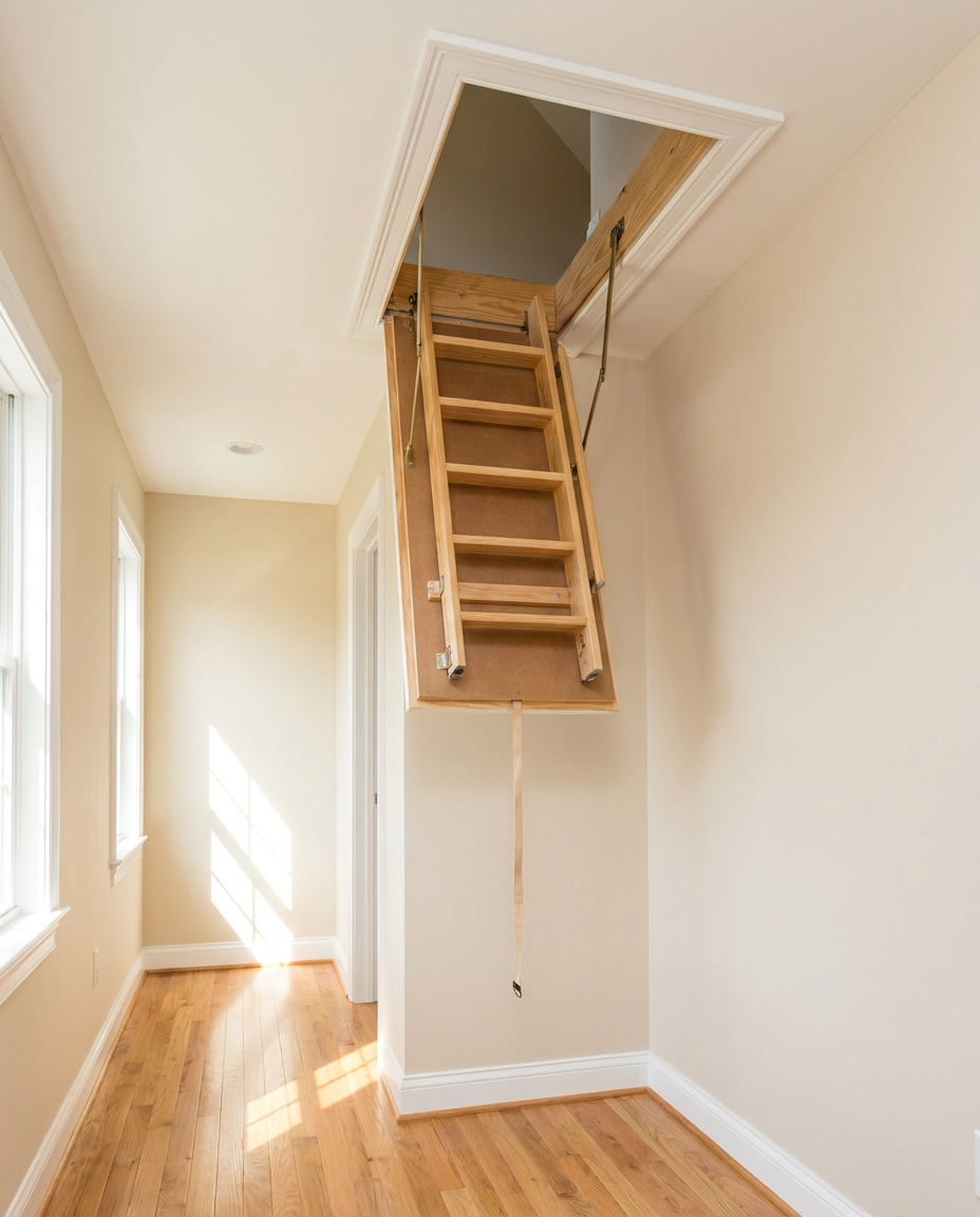 Newly installed pull-down attic ladder in a home hallway