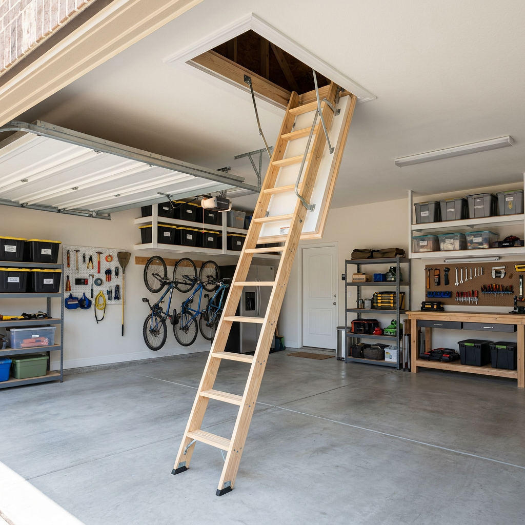 A newly installed pull-down attic ladder extended into a tidy garage