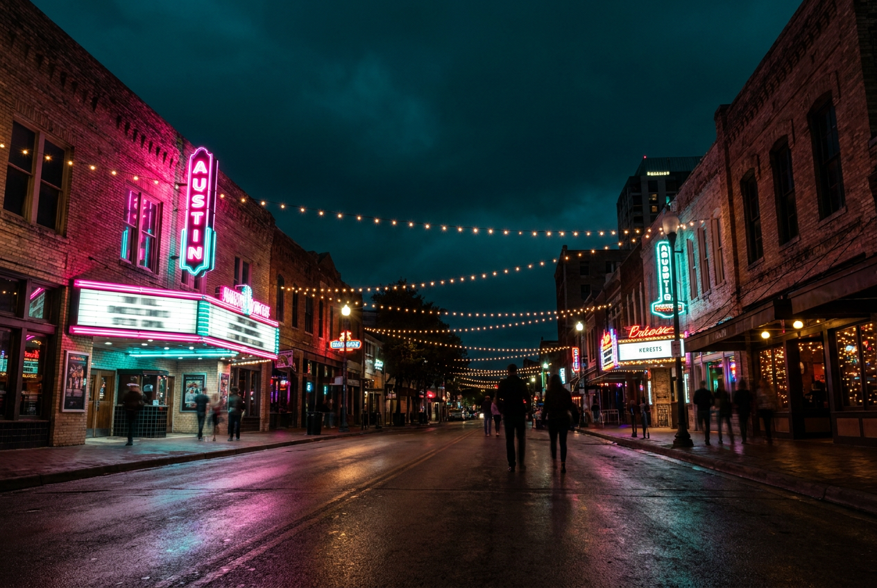 Downtown Austin 6th Street at night glowing with pink and turquoise neon signs and string lights