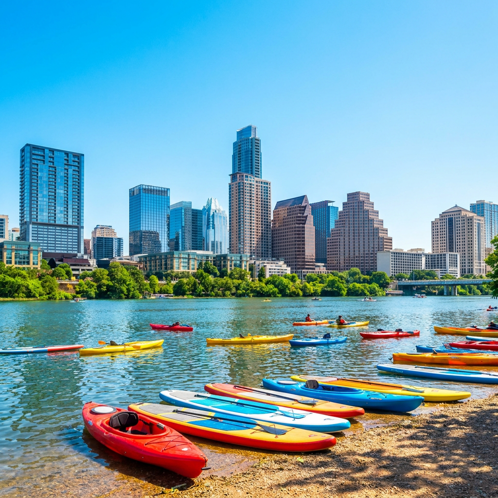 Colorful paddleboards and kayaks on Lady Bird Lake with the Austin skyline behind