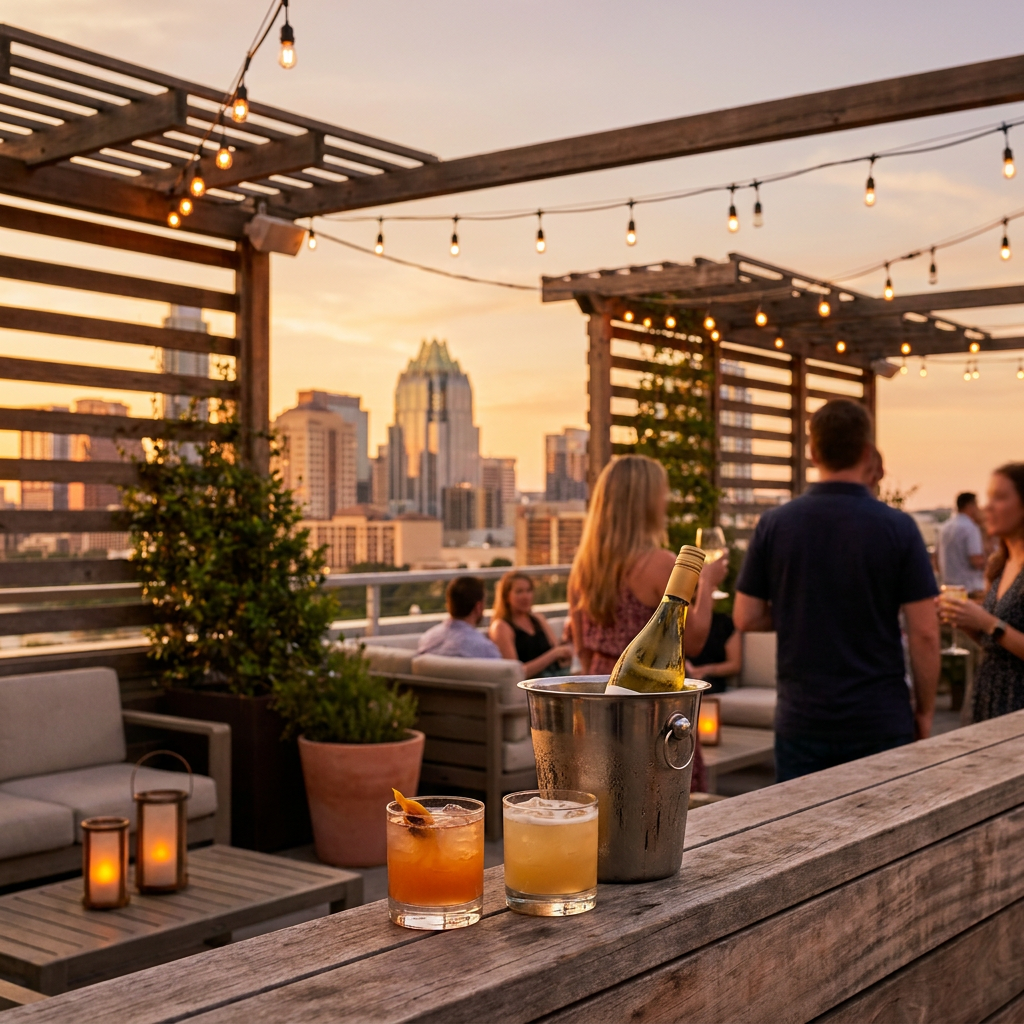 Cocktails on a rooftop ledge at golden hour overlooking the Austin skyline