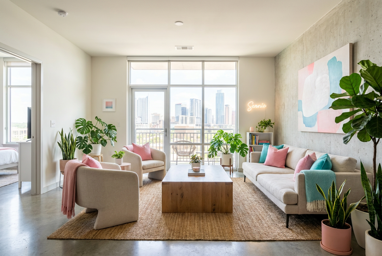 Bright modern Austin apartment living room with plants and pink and turquoise accent decor