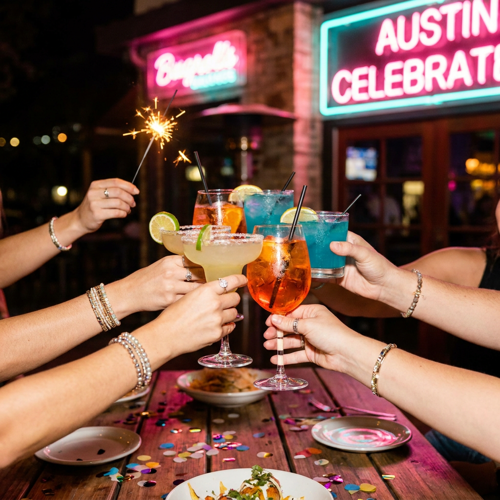 Group raising colorful cocktails and a sparkler in a toast at night under neon lights