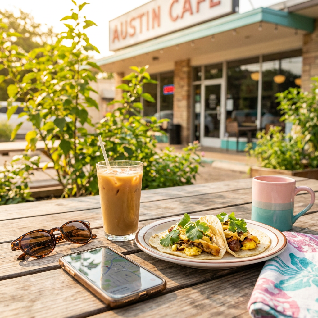 Iced coffee and breakfast tacos on a sunny Austin cafe patio in the morning