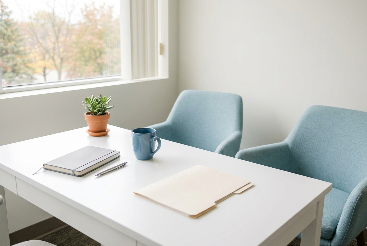 Bright Farmington Hills consultation office with a white desk, notebook and two chairs set for a one-on-one plan review