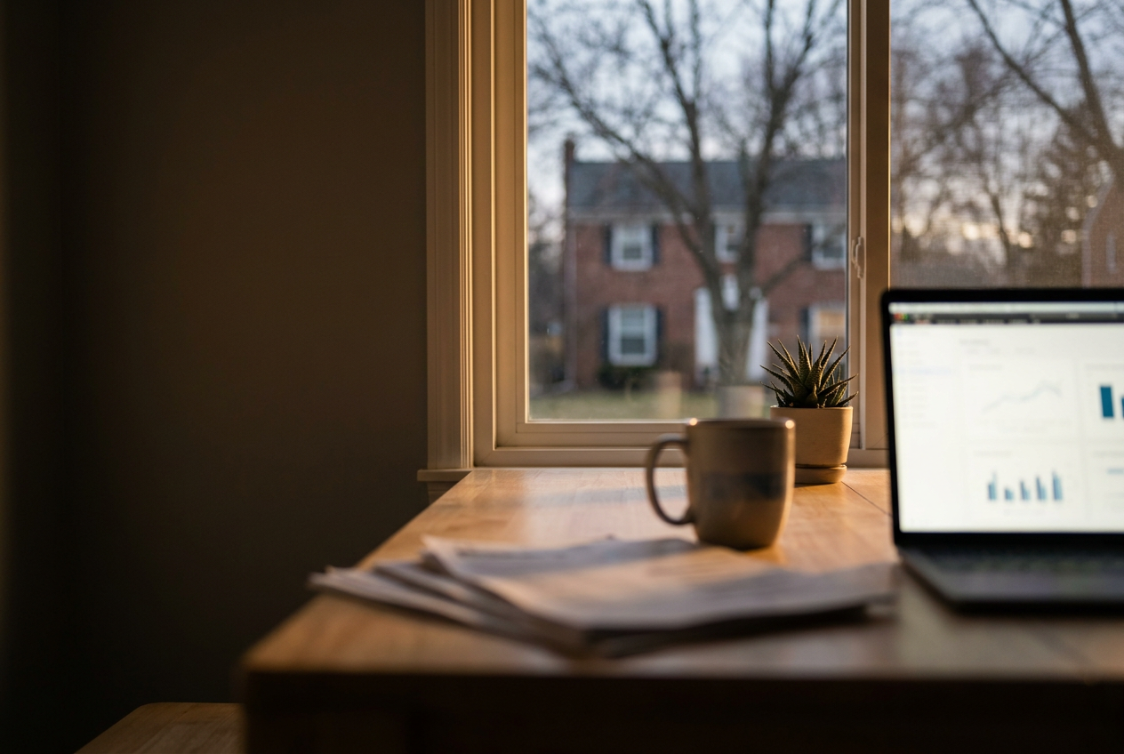Kitchen table in a Metro Detroit home at golden hour with a laptop, paperwork and a coffee mug, ready for an ACA plan review